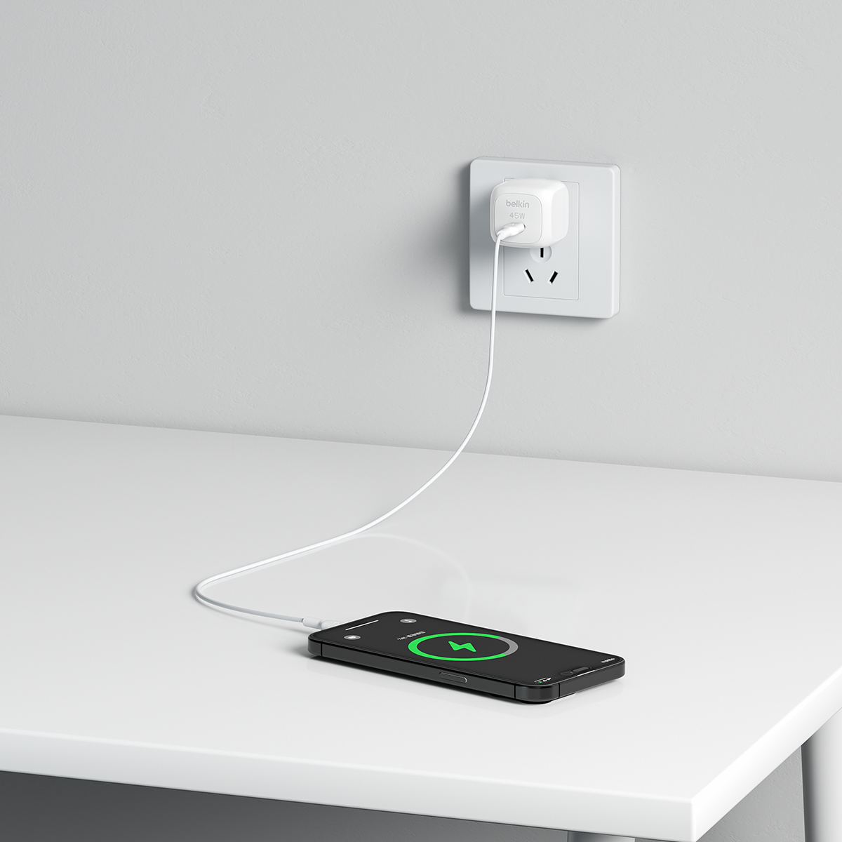 Adapter sạc nhanh 45W, 1 cổng USB-C, PD 3.1 PPS, màu trắng Belkin (tương thích iPhone 17 Series)