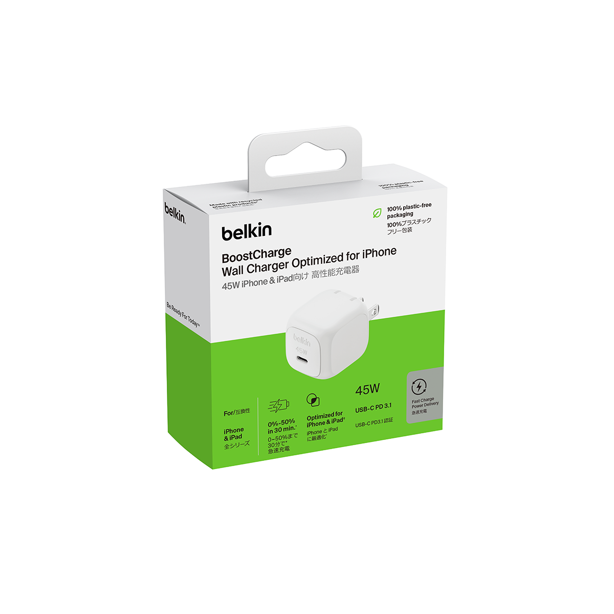 Adapter sạc nhanh 45W, 1 cổng USB-C, PD 3.1 PPS, màu trắng Belkin (tương thích iPhone 17 Series)